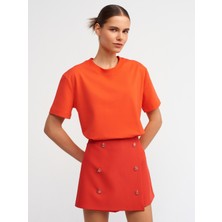 Dilvin 30312 Dekoratif Dikişli Bisiklet Yaka Tshirt-Kırmızı