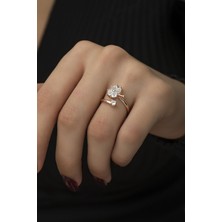 Sunshine 925 Ayar Rose Kaplamalı Kalpli Beyaz Taşlı Yonca Çiçek Gümüş Yüzük
