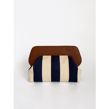 Heybes Kadın Lacivert Çizgi Desenli Kanvas Clutch El Çantası