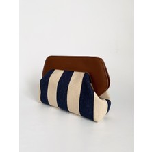 Heybes Kadın Lacivert Çizgi Desenli Kanvas Clutch El Çantası