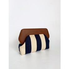 Heybes Kadın Lacivert Çizgi Desenli Kanvas Clutch El Çantası