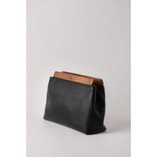 Heybes Kadın Siyah  Deri Ahşap Aksesuarlı Clutch El Çantası