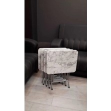 Harmony House Katlanabilir Beyaz Mermer Zigon 4'lü Sehpa Takım Paslanmaz Gri Metal Ayaklı