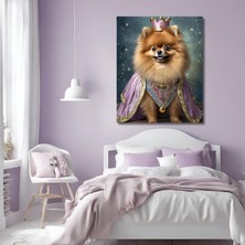 Gaagart Tekli Dikey Kanvas Duvar Tablosu Prenses Kostümlü Pomarian Köpek