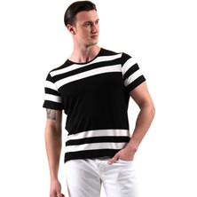 Exve Exclusive Siyah Göğsü Beyaz Çizgili Özel Kesim Nefes Alan Bisiklet Yaka Erkek Tişört T-Shirt