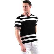 Exve Exclusive Siyah Göğsü Beyaz Çizgili Özel Kesim Nefes Alan Bisiklet Yaka Erkek Tişört T-Shirt