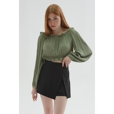 Fashion Friends 24y0220k1 Kadın Yakası Fırfırlı Crop Bluz