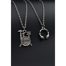 2'li Kulaklık -  Bateri Davul Seti Erkek Kadın Kolye Seti - Kod:656