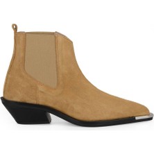 FootCourt Süet Bej Deri Lastikli Kadın Kovboy Botu Kyoto