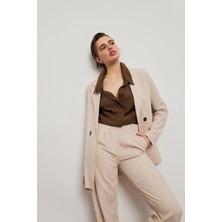 Your Name Kruvaze Yaka Taş Kadın Keten Blazer Ceket