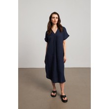 Keten Oversize V Yaka Lacivert Uzun Elbise