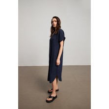 Keten Oversize V Yaka Lacivert Uzun Elbise