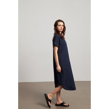 Keten Oversize V Yaka Lacivert Uzun Elbise