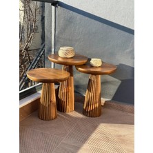 Simillo Home & Living Wood Wooden 3’lü Set Fitilli Derin Çizgili Mantar Yan Sehpa Modern Açık Ceviz Renk Fiskos