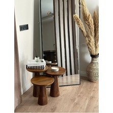 Simillo Home & Living Wood Wooden 3’lü Set Fitilli Derin Çizgili Mantar Yan Sehpa Modern Açık Ceviz Renk Fiskos