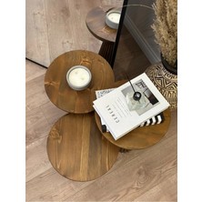 Simillo Home & Living Wood Wooden 3’lü Set Fitilli Derin Çizgili Mantar Yan Sehpa Modern Açık Ceviz Renk Fiskos