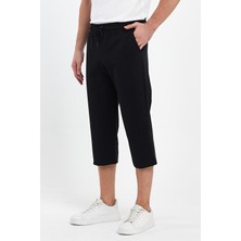 Mmetalic Erkek Yanları Cepli Siyah Bermuda Diz Altı Kapri Beli Ayarlanabilir Lastikli Uzun Şort