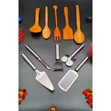 Swencraft Ahşap Kepçe Kaşık 5 Li Servis Seti&5 Li Metal Rende Soyacak Oyacak Spatula Pizza Hamur Kesici 10 Prç