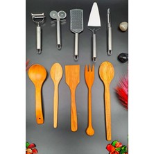 Swencraft Ahşap Kepçe Kaşık 5 Li Servis Seti&5 Li Metal Rende Soyacak Oyacak Spatula Pizza Hamur Kesici 10 Prç