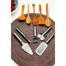 Swencraft Ahşap Kepçe Kaşık 5 Li Servis Seti&5 Li Metal Rende Soyacak Oyacak Spatula Pizza Hamur Kesici 10 Prç