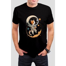 T-35 Astronot Kedi Baskılı Siyah Unisex Tişört