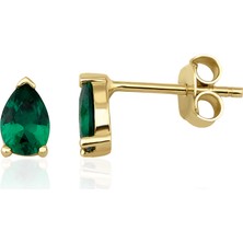 Fiyonk Kuyumculuk 14 Ayar Altın Kök Zümrüt Damla Taş Detaylı Küpe