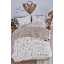 Lİne Krem Desenli Çift Kişilik Çift Taraflı Welsoft Yorgan Seti Wellsoft Battaniye Pofuduk Yumuşak Yorgan Seti