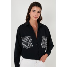 Lela Cepleri Taş Detaylı % 100 Pamuk Oversize Gömlek Bayan Gömlek 51444781