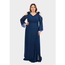 Lilas Xxl Büyük Beden Lacivert Renkli Omzu Açık Şifon Uzun Abiye Elbise