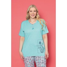 Farya Home X-Dreamy Büyük Beden Pamuklu Desenli Düğmeli Yaka Kapri Pijama Takımı