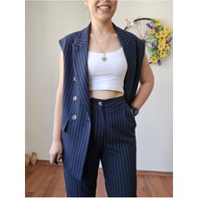 Madame Melek Lacivert Premium Boy Fit Kadın Pantolon Kolsuz Ceket Yelek Takımı Atlas Kumaş