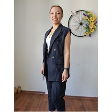 Madame Melek Lacivert Premium Boy Fit Kadın Pantolon Kolsuz Ceket Yelek Takımı Atlas Kumaş