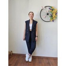 Madame Melek Lacivert Premium Boy Fit Kadın Pantolon Kolsuz Ceket Yelek Takımı Atlas Kumaş