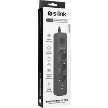 S-Link SPG03U 2 USB +1type C 5V2.4A 1.5m 3X1.00MM 100% Bakır 750 Joule 3 Lü Anahtarlı Akım Korumalı Siyah Priz