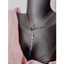 Keskin Gümüş 925 Ayar Gümüş Zirkon Taşlı Beşli Uzun Tasarım Trend Kadın Kolye