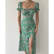 Melek Kostak Butik Kadın Yeşil Pembe Çiçekli Yırtmaçlı Büzgülü Midi Elbise