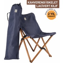 Bag The Joy Ahşap Katlanır Kamp & Bahçe Sandalyesi – Kahverengi Iskelet - Lacivert Kılıf