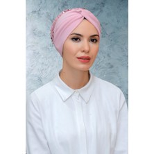 Hürrem Bone Pudra Pratik Hazır Geçmeli Tesettür Bone Sandy Kumaş Pullu Büzgülü 1906_06