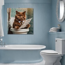 Gaagart Tekli Kare Kanvas Banyo Tablosu Gazete Okuyan Kravatlı British Kedi