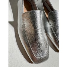 Eataly Shoes Sid Gümüş Kare Burun Deri Babet