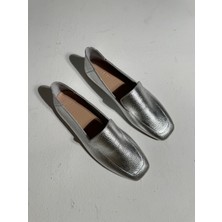 Eataly Shoes Sid Gümüş Kare Burun Deri Babet