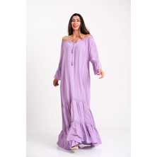 Keyifli Moda Kadın Lila Carmen Yaka Fırfırlı Kol Etekleri Fistolu Oversize Uzun Elbise