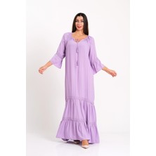 Keyifli Moda Kadın Lila Carmen Yaka Fırfırlı Kol Etekleri Fistolu Oversize Uzun Elbise
