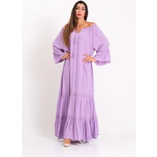 Keyifli Moda Kadın Lila Carmen Yaka Fırfırlı Kol Etekleri Fistolu Oversize Uzun Elbise