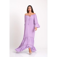 Keyifli Moda Kadın Lila Carmen Yaka Fırfırlı Kol Etekleri Fistolu Oversize Uzun Elbise