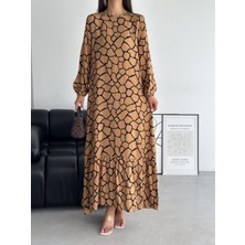 Merlavin Kadın Taş Desenli Kolu Lastikti Rahat Viskon Kumaş Elbise (Renkli)