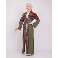 Zaytoon Ajurlu, Geniş Kollu Açık Yakalı Geleneksel Kalın Nakışlı Kadın Abaya Freesize C100026 Zaytin Rengi