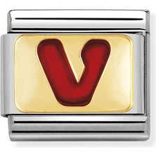 Nomination Composable Classic Dekoratif Link - Harfler Kırmızı - V - (22 V) 18K Altın