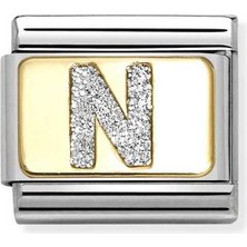 Nomination Composable Classic Dekoratif Link - Harfler Pırıltılı - N - (14 N) 18K Altın