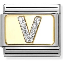 Nomination Composable Classic Dekoratif Link - Harfler Pırıltılı - V - (22 V) 18K Altın